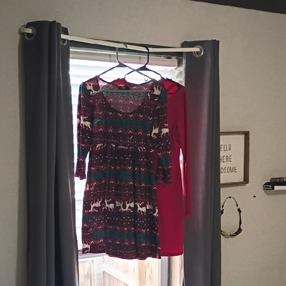 Festive Red and Green Knit Dress with Reindeer Pattern